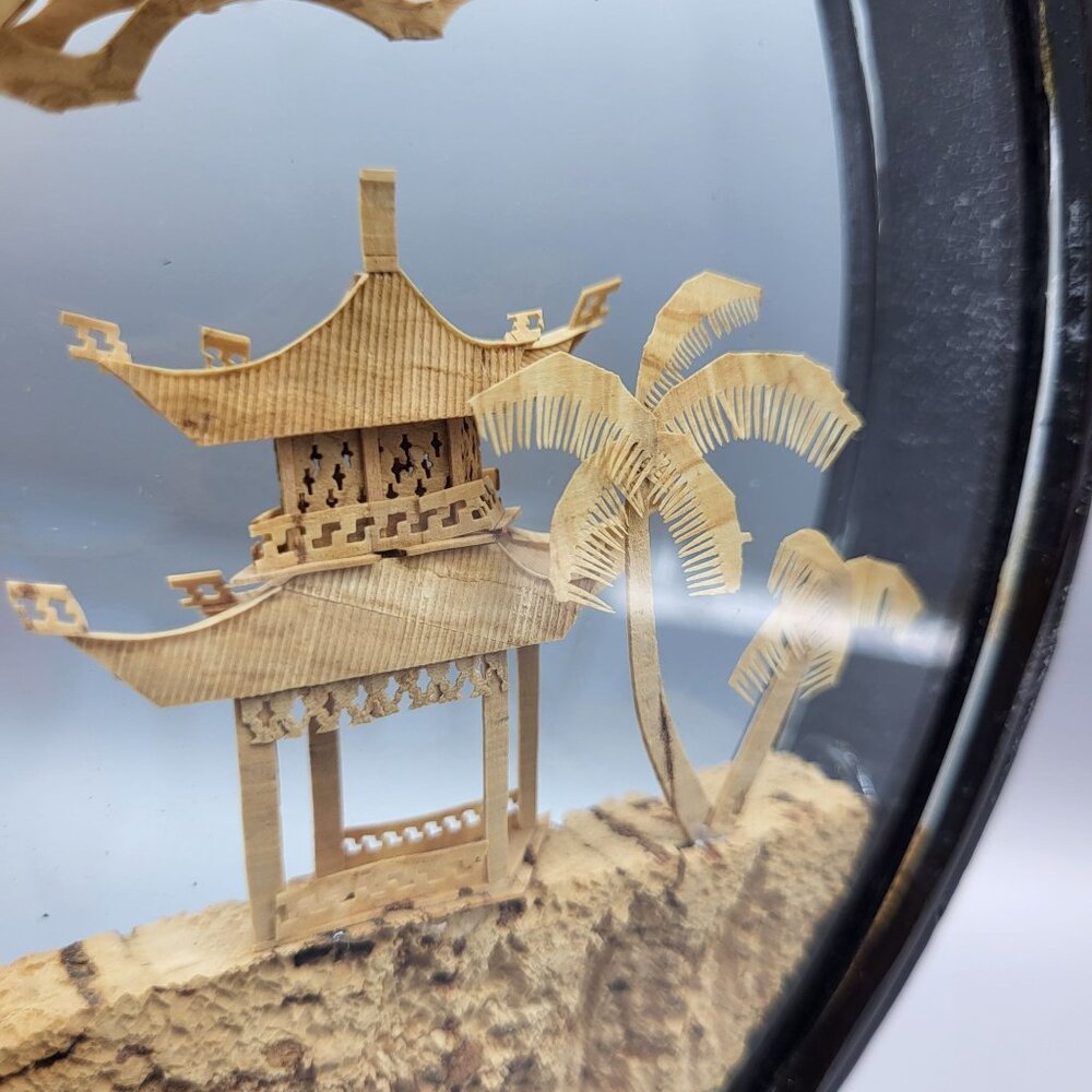 Vtg Chinese Hand Carved Cork Diorama Cranes Black Lacquer Art Stand 8.5" x 6.25" - Picture 7 of 13
